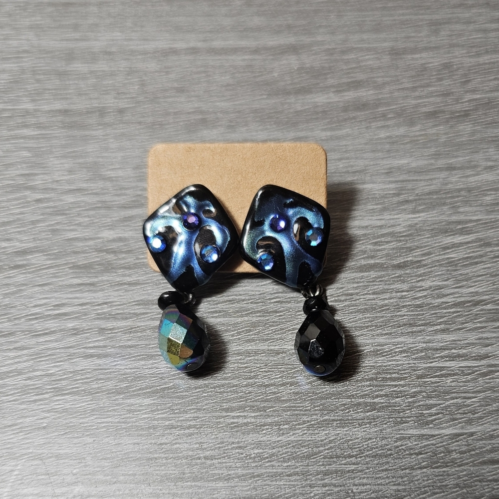 Vintage Black And Blue Fused Glass Stud Earrings